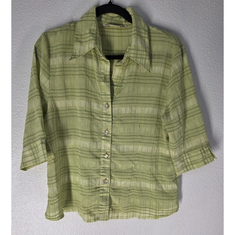 Elih Women Blouse Plaid Collared 3/4 Sleeve Green Button-Up Top Shirt